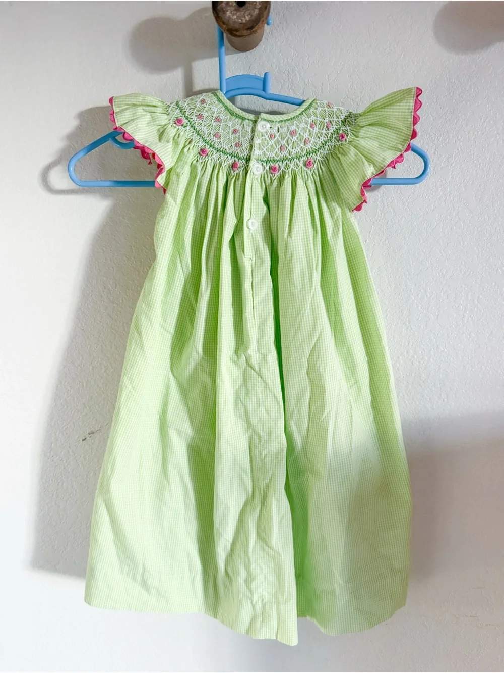 Remember Nguyen Lime Green Smocked Flutter Sleeve Bishops Dress with Pink Trim